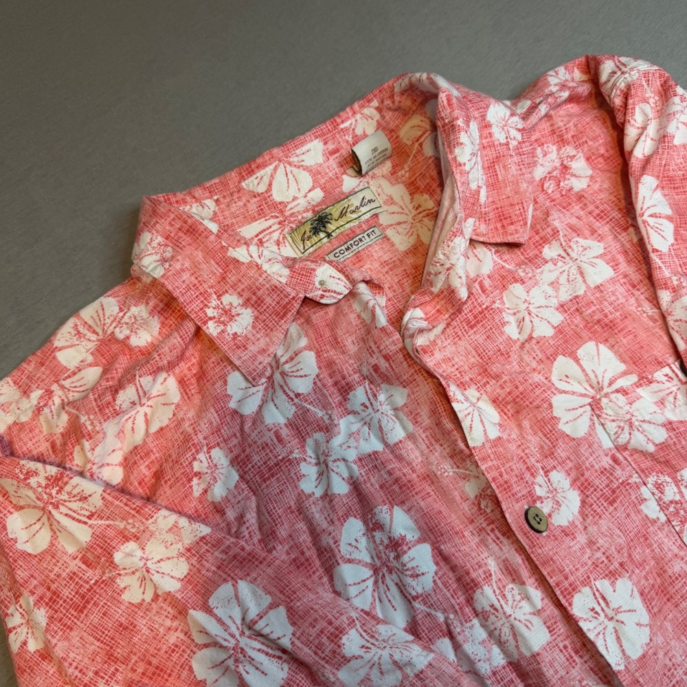Joe Marlin Mens XXL Coral Pink Hawaiian Floral Cotton Button Up Shirt comfort